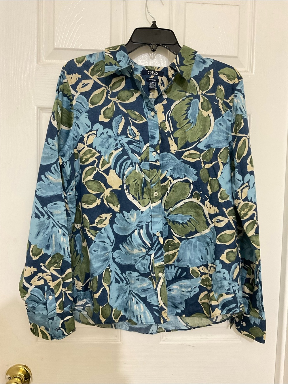 Chaps Blue & Green Floral-Leaf Button Down Shirt - Women's